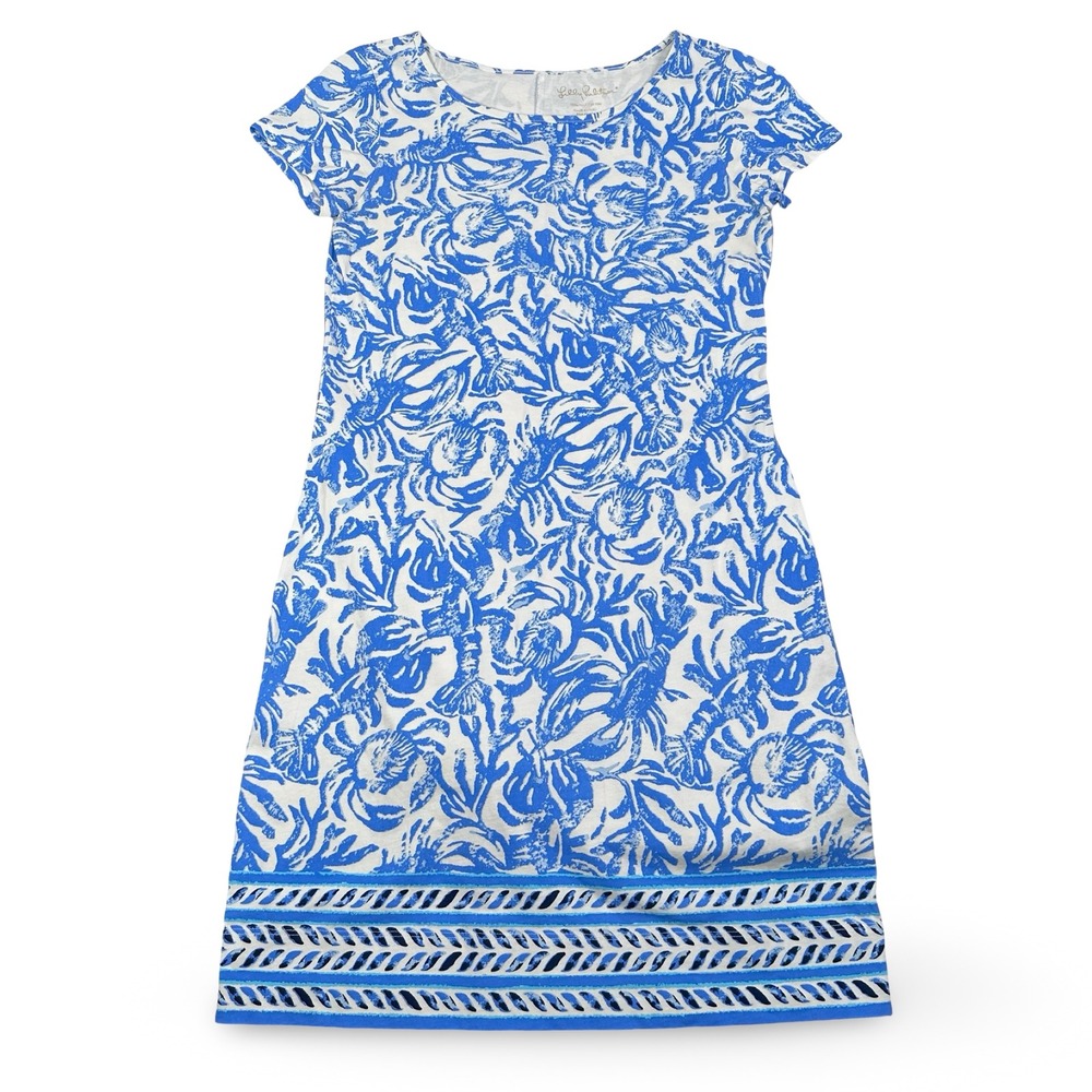 Lilly Pulitzer Marlowe T-Shirt Dress Blue White Lobster Coral Pima Cotton XS